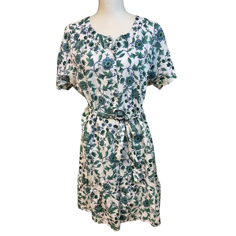 SAKS FIFTH Ave. Floral Garden Linen Cotton Dress XL Button Botanical Office Chic